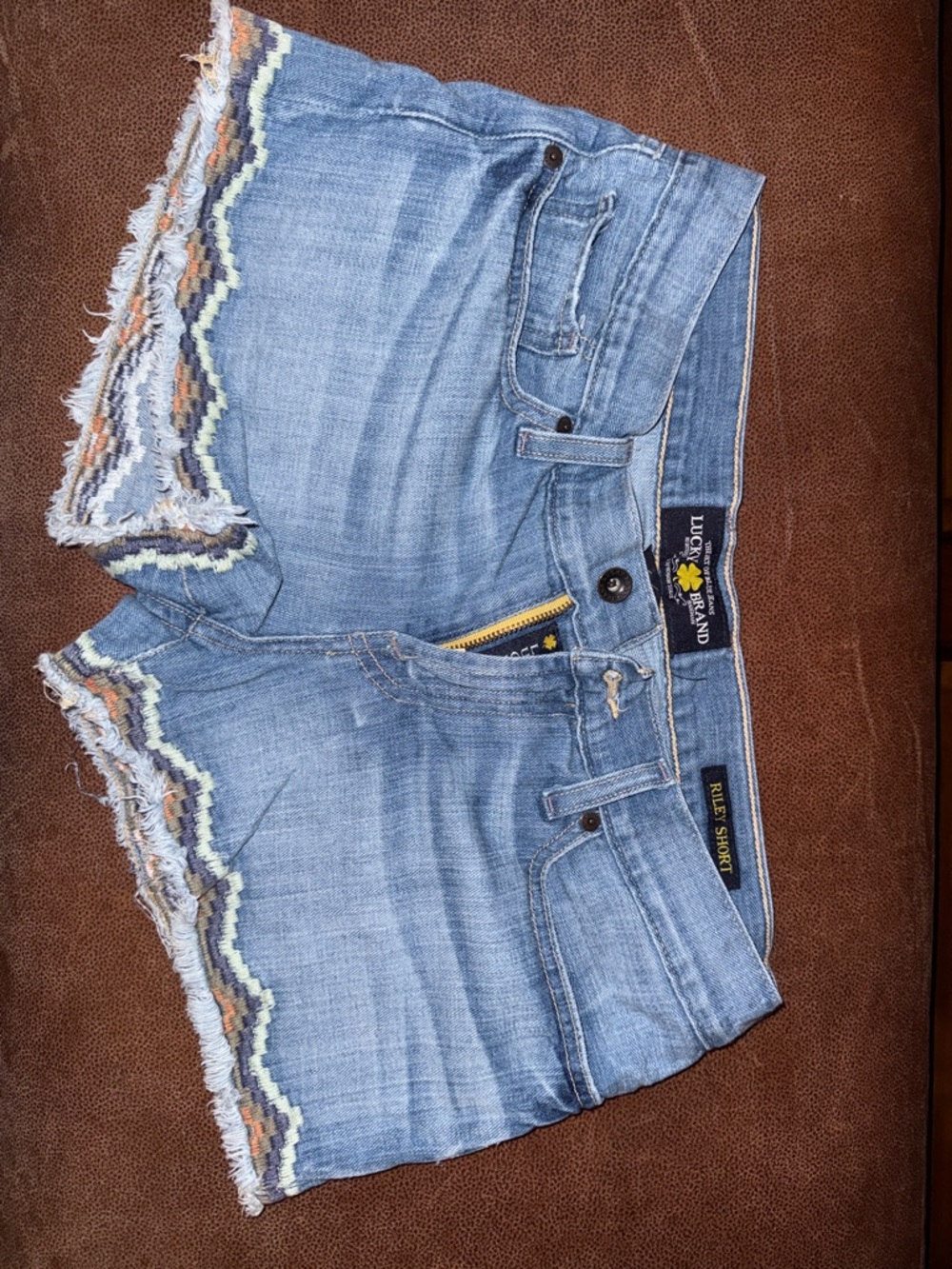 Lucky Brand Light Blue Cropped Denim Shorts with Multicolor Zigzag Trim